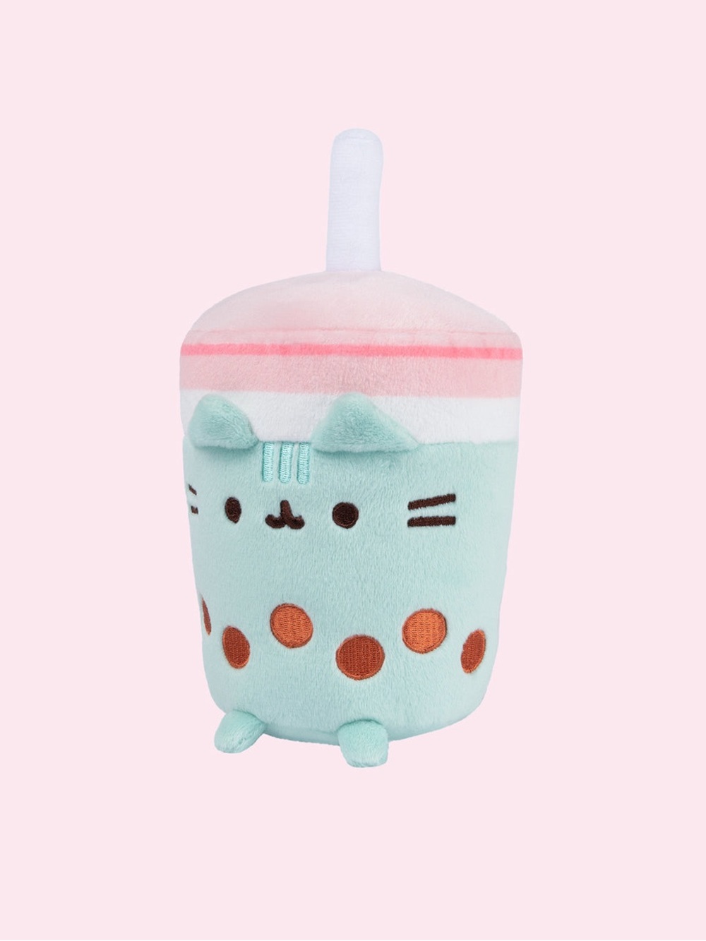 Pusheen Mint Bubble Tea Plush with Pink Lid and Orange Boba